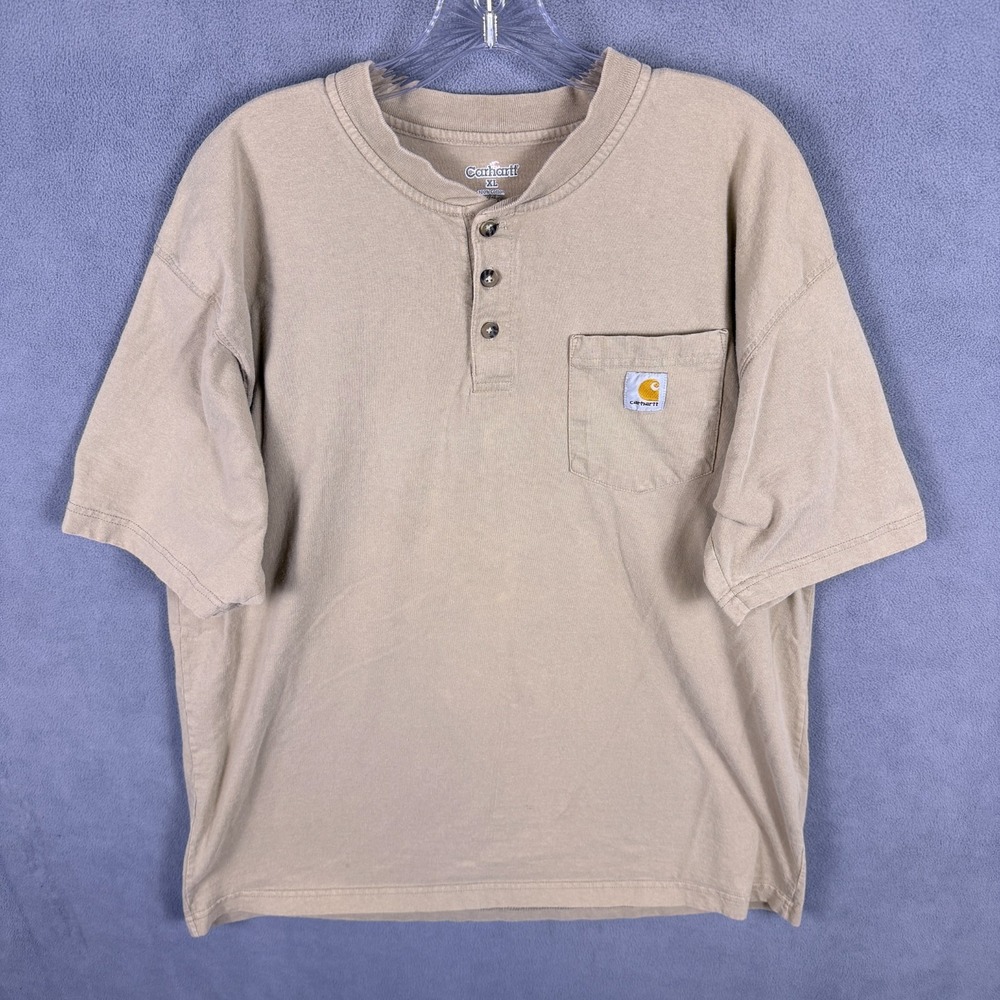 Y2K Carhartt Mens Henley T Shirt Short Sleeve Tan XL Heavyweight Work Clean EUC